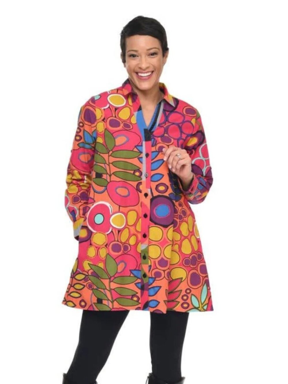 Colorful Botanical Print Tunic Button Up